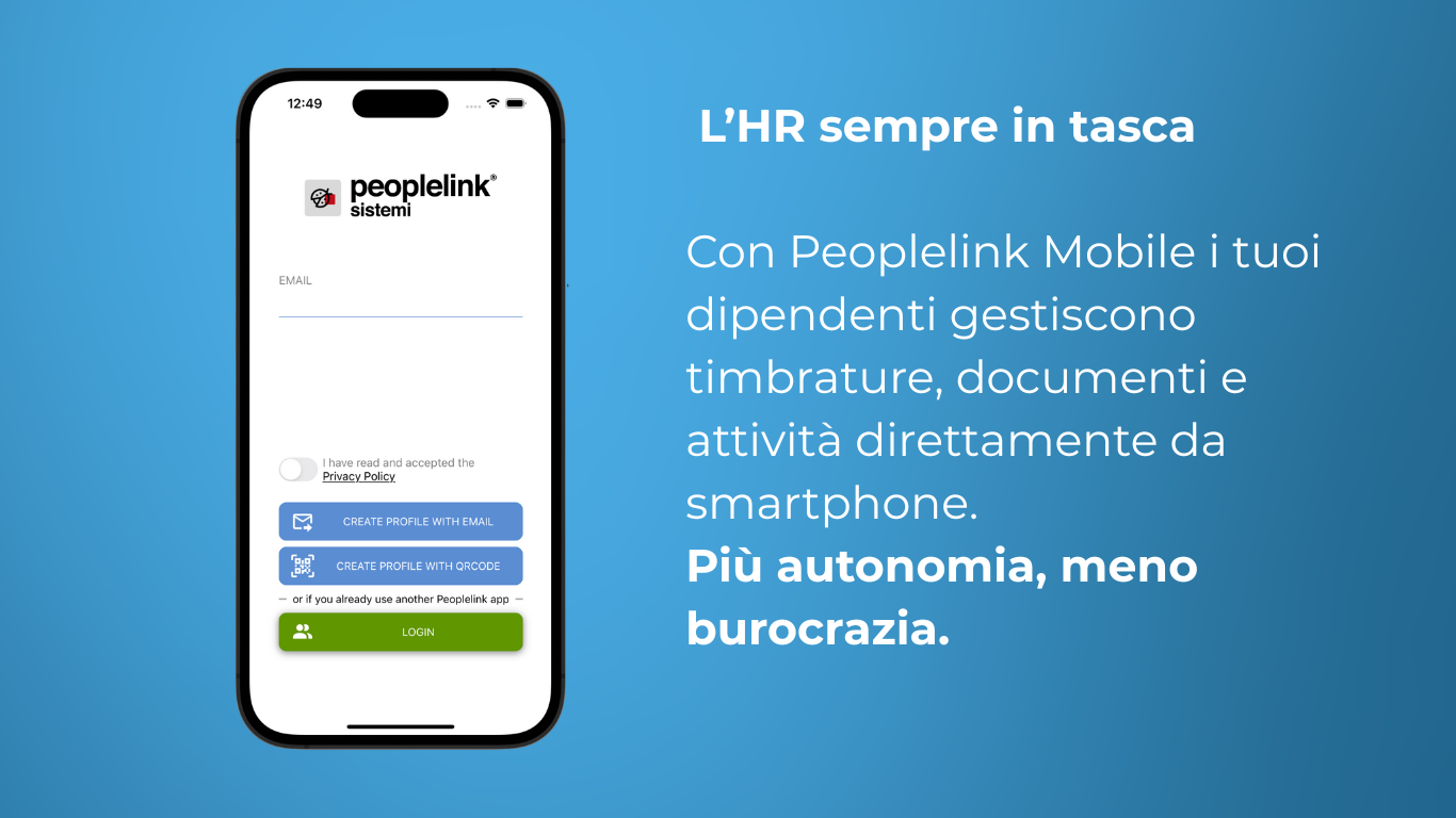 Screenshot iOS Peoplelink Mobile, login e testo gestione HR smart