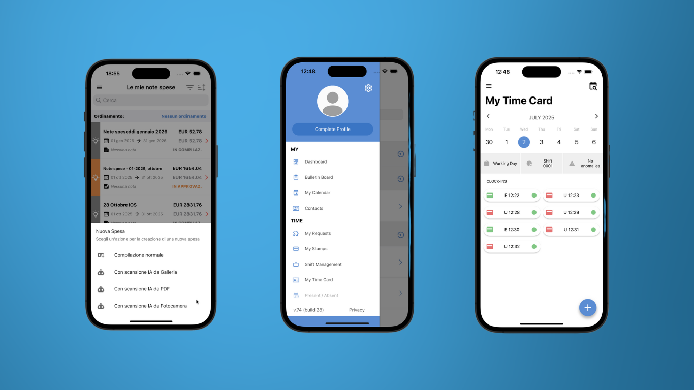 Schermate Peoplelink Mobile spese, profilo, timbrature su iPhone