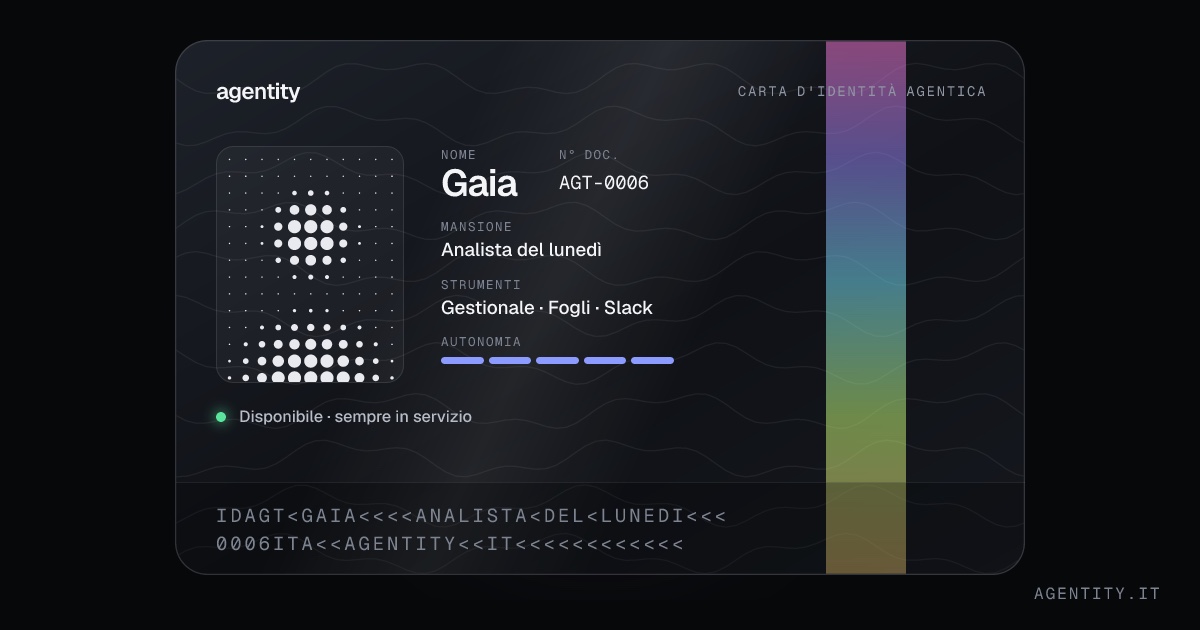 Carta d&rsquo;identit&agrave; di Gaia, l&rsquo;agente AI di Agentity che prepara il report settimanale